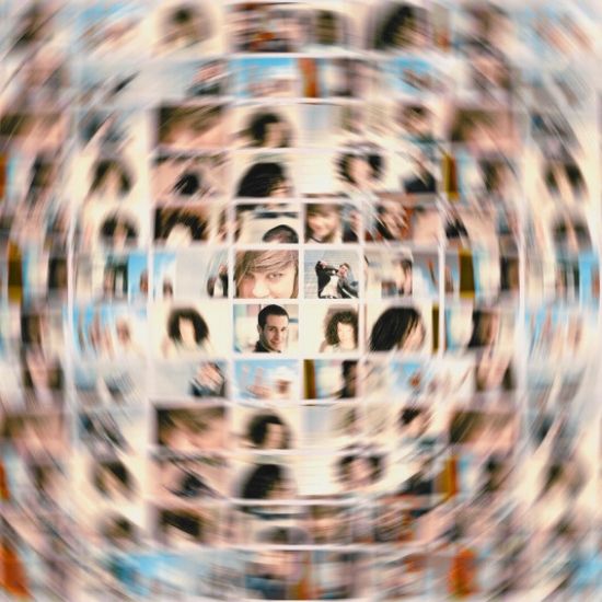 A montage of dozens of pictures of people's heads covered by a blurred circle reflecting different client journeys.