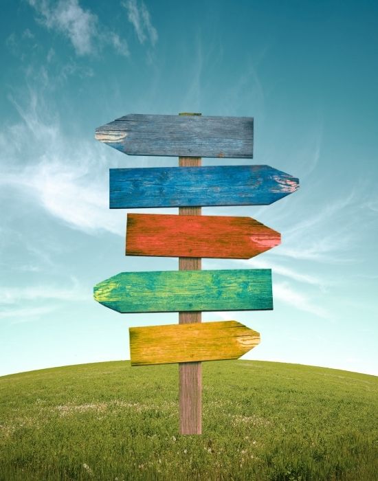 I-steps A signpost with many coloured arrows in different directions representing next steps toward recovery.